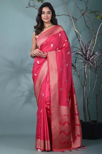 graceful fuchsia silk blend blend saree with intricate zari work