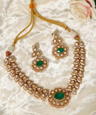 Gold plated kundan green stones necklace set 2
