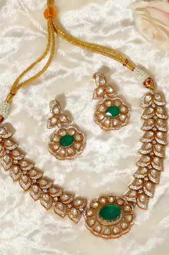 Gold plated kundan green stones necklace set