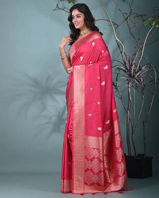 graceful fuchsia silk blend blend saree with intricate zari work 2