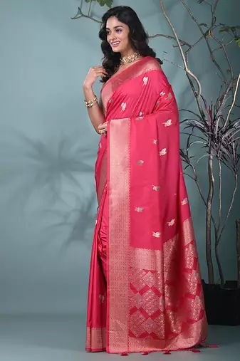 graceful fuchsia silk blend blend saree with intricate zari work