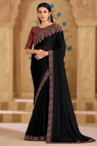 powder white silk blend georgette saree with banglori work blouse