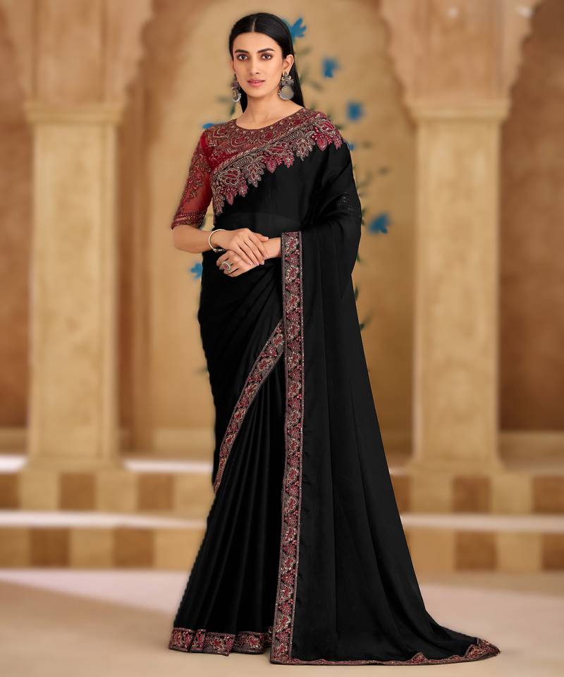 powder white silk blend georgette saree with banglori work blouse