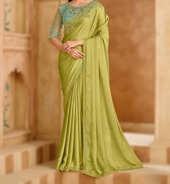 pistachio green satin chiffon saree with banglori work blouse 3