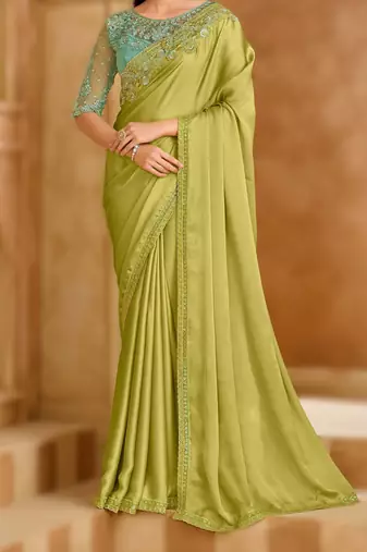 pistachio green satin chiffon saree with banglori work blouse