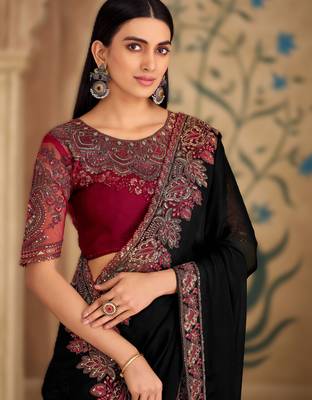 powder white silk blend georgette saree with banglori work blouse 2