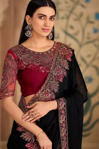 powder white silk blend georgette saree with banglori work blouse
