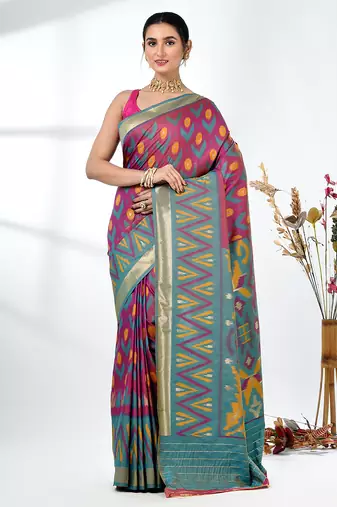 exquisite purple pochampally silk blend saree with vibrant ikat pattern