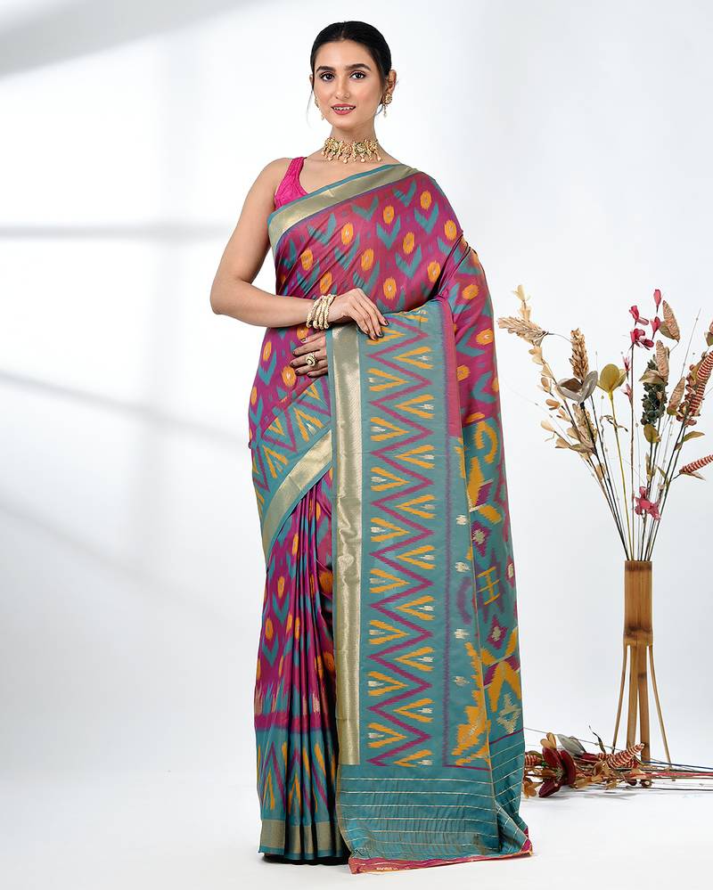 exquisite purple pochampally silk blend saree with vibrant ikat pattern