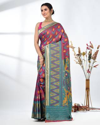 exquisite purple pochampally silk blend saree with vibrant ikat pattern 2