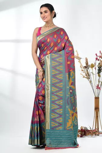 exquisite purple pochampally silk blend saree with vibrant ikat pattern