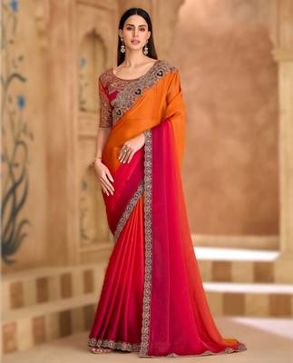 saffron satin chiffon saree with banglori work blouse 1