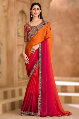 saffron satin chiffon saree with banglori work blouse