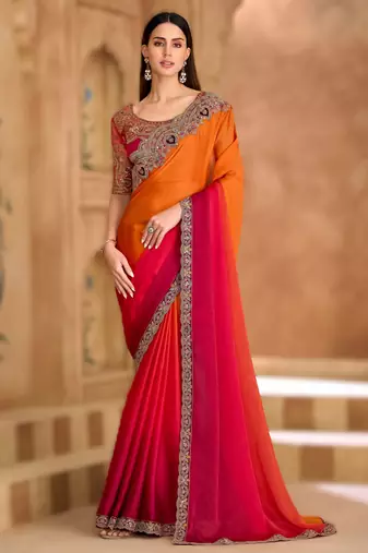 saffron satin chiffon saree with banglori work blouse