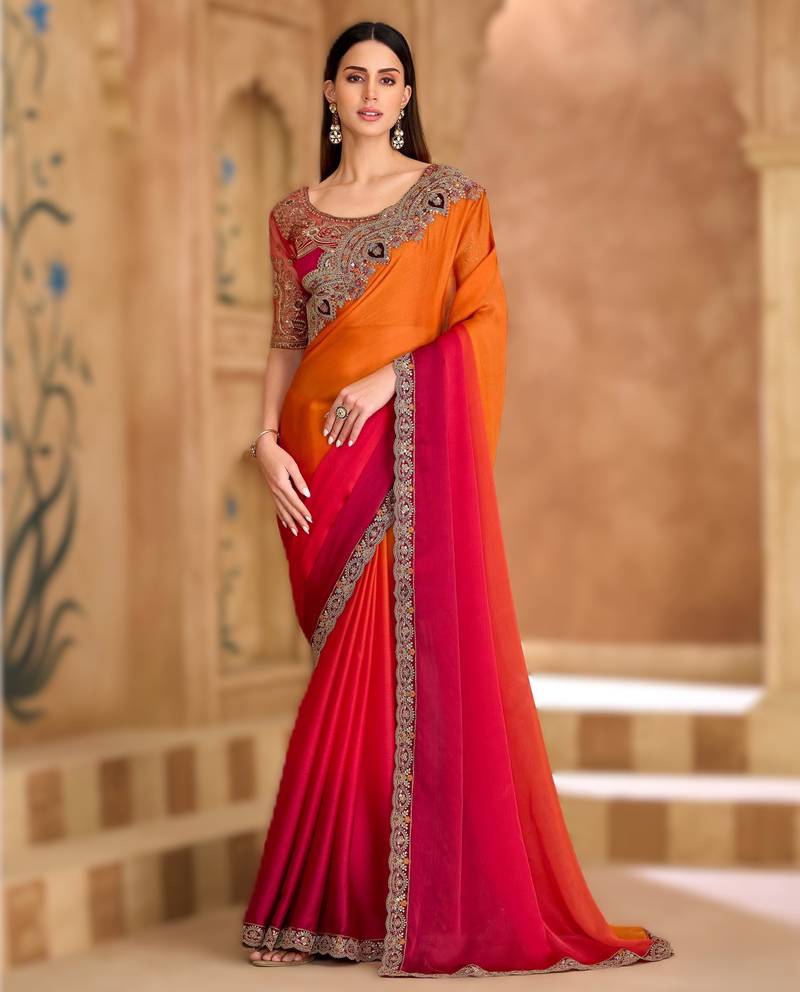 saffron satin chiffon saree with banglori work blouse
