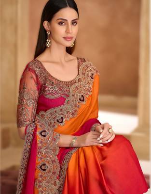 saffron satin chiffon saree with banglori work blouse 2