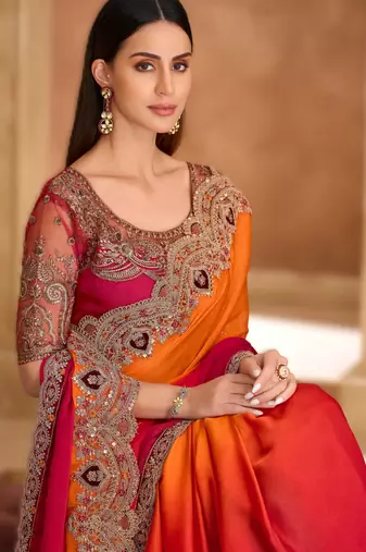 saffron satin chiffon saree with banglori work blouse