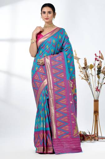 exquisite sky blue pochampally silk blend saree with vibrant ikat pattern
