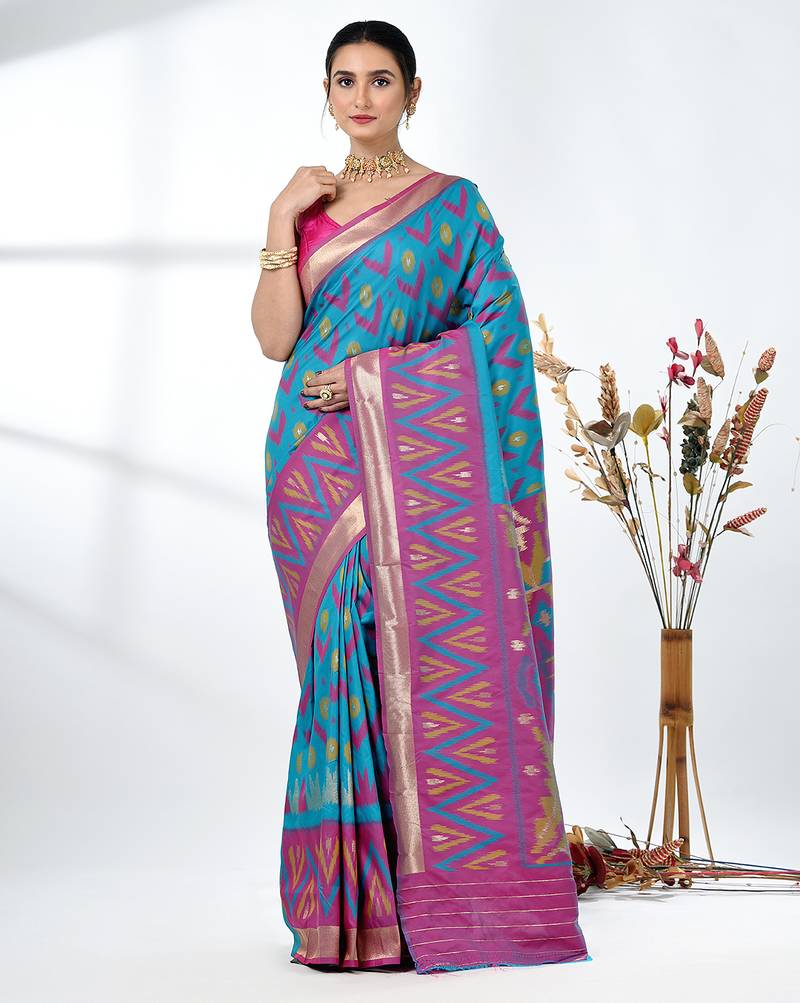 exquisite sky blue pochampally silk blend saree with vibrant ikat pattern