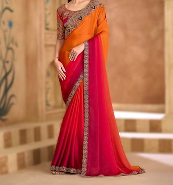 saffron satin chiffon saree with banglori work blouse 3