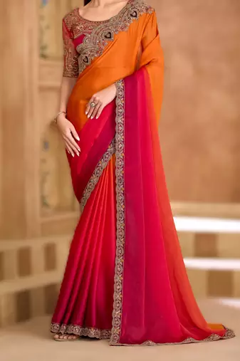 saffron satin chiffon saree with banglori work blouse