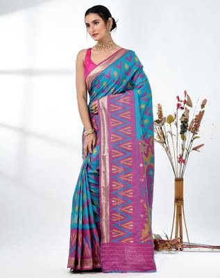 exquisite sky blue pochampally silk blend saree with vibrant ikat pattern 2