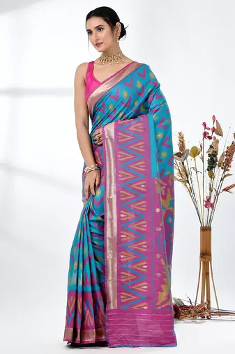 exquisite sky blue pochampally silk blend saree with vibrant ikat pattern