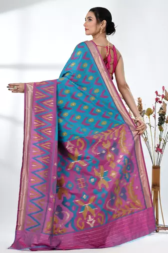 exquisite sky blue pochampally silk blend saree with vibrant ikat pattern