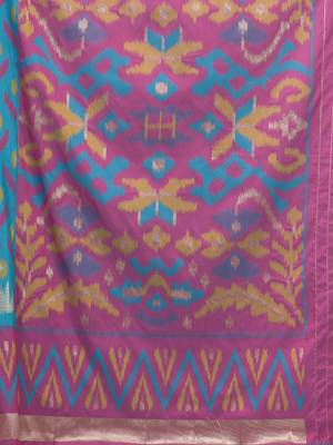 exquisite sky blue pochampally silk blend saree with vibrant ikat pattern 4