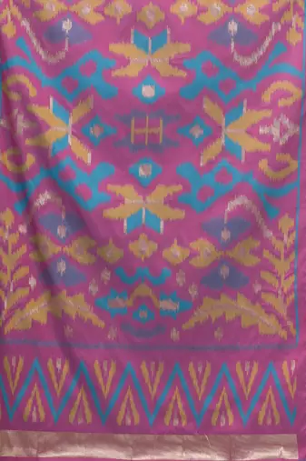 exquisite sky blue pochampally silk blend saree with vibrant ikat pattern