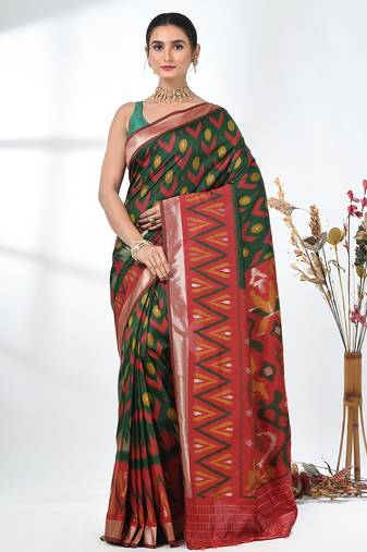 exquisite green pochampally silk blend saree with vibrant ikat pattern