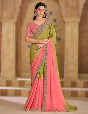 onion pink tissue crushed georgette saree with banglori work blouse 1