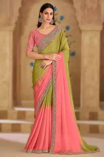 onion pink tissue crushed georgette saree with banglori work blouse