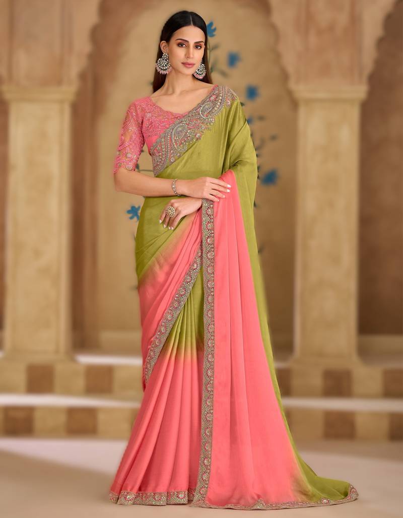 onion pink tissue crushed georgette saree with banglori work blouse