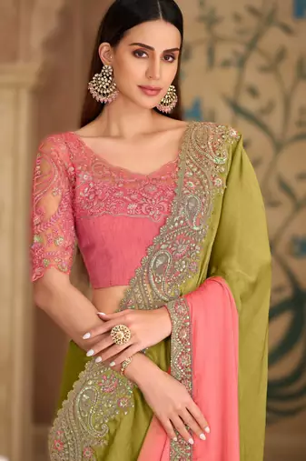 onion pink tissue crushed georgette saree with banglori work blouse