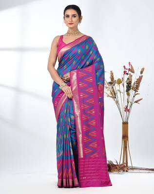 exquisite peacock blue pochampally silk blend saree with vibrant ikat pattern 1
