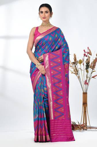 exquisite peacock blue pochampally silk blend saree with vibrant ikat pattern