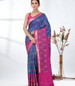 exquisite peacock blue pochampally silk blend saree with vibrant ikat pattern