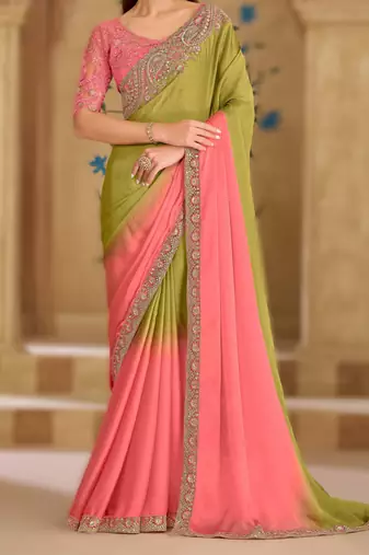onion pink tissue crushed georgette saree with banglori work blouse