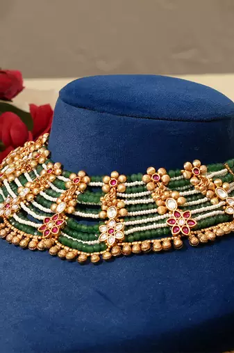 Gold plated kundan green stones necklace set