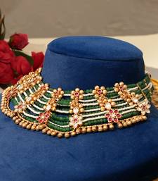 Gold plated kundan green stones necklace set