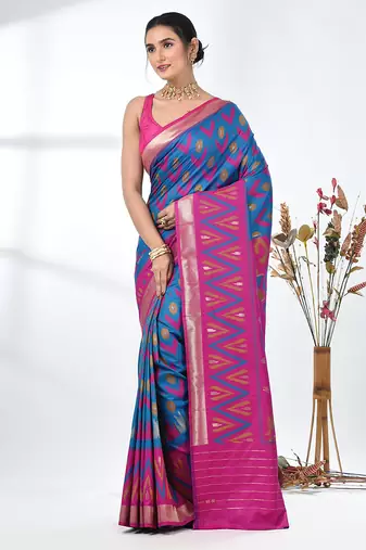 exquisite peacock blue pochampally silk blend saree with vibrant ikat pattern