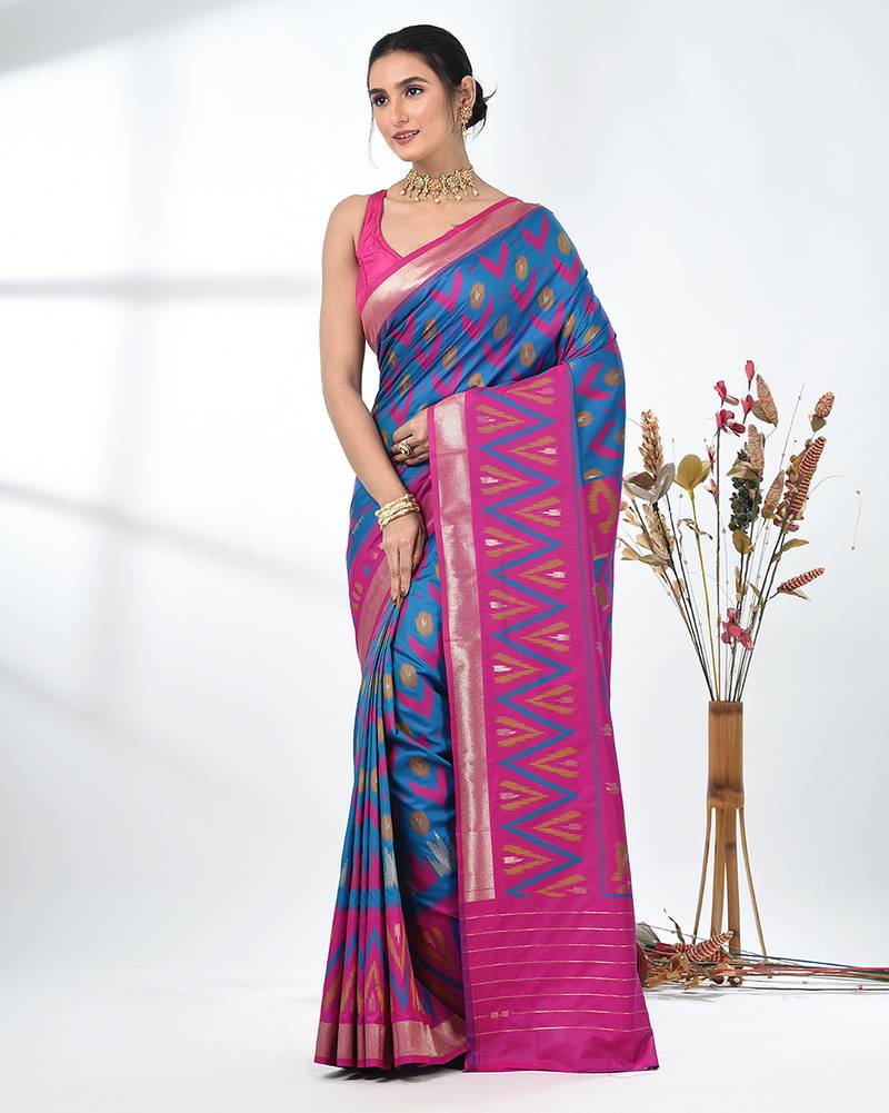 exquisite peacock blue pochampally silk blend saree with vibrant ikat pattern