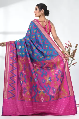 exquisite peacock blue pochampally silk blend saree with vibrant ikat pattern