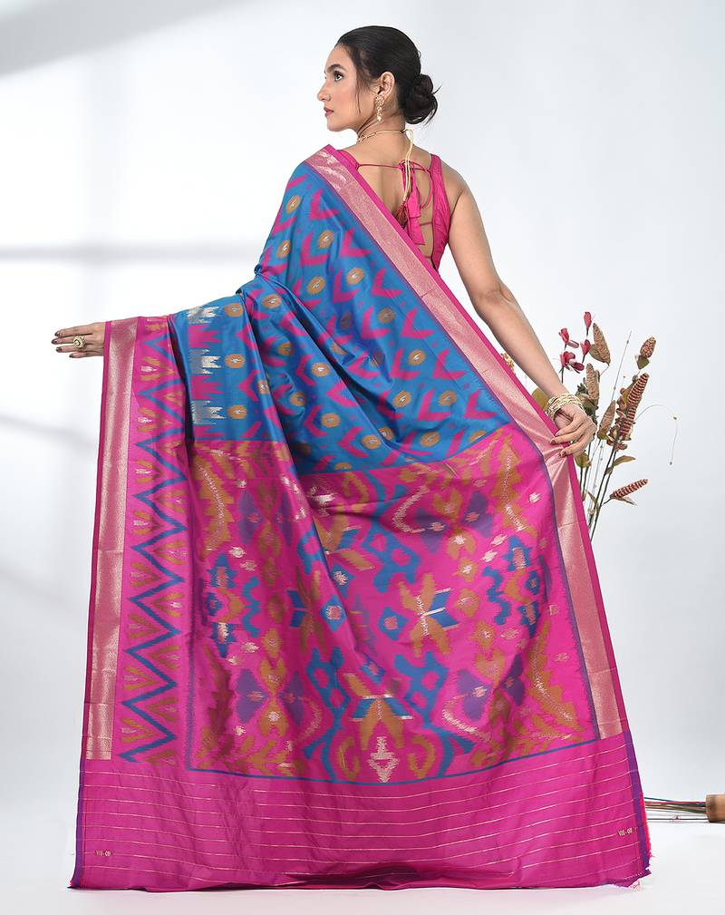 exquisite peacock blue pochampally silk blend saree with vibrant ikat pattern