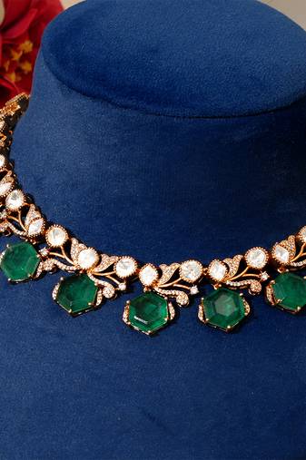 Gold plated kundan green stones necklace set