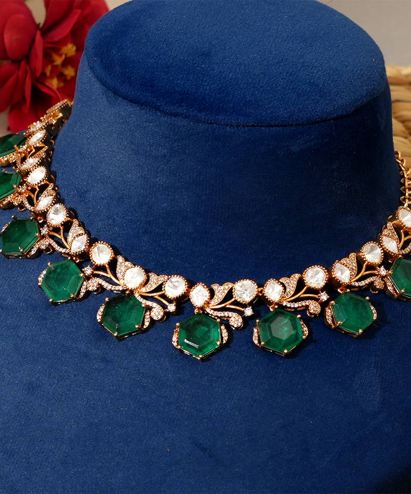 Gold plated kundan green stones necklace set