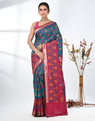 exquisite teal pochampally silk blend saree with vibrant ikat pattern 1
