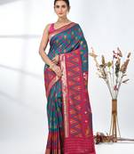 exquisite teal pochampally silk blend saree with vibrant ikat pattern