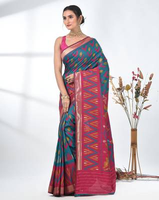 exquisite teal pochampally silk blend saree with vibrant ikat pattern 2
